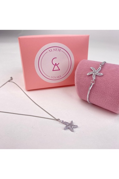 Alsem 925 Ayar Gümüş Kaplama Deniz Yıldızı Kolye ve Bileklik Seti , Sevgiliye...