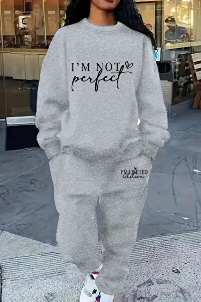 Wish BF I AM NOT PERFECT Baskılı Bisiklet Yaka Alt Üst Takım Oversize Eşofman...