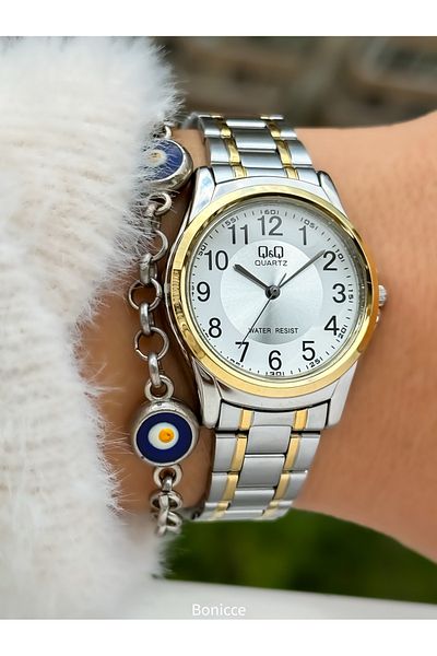 Q&Q Brand Steel Band, Silver Yellow Color Numerals Women's Wrist Watch + Bracelet