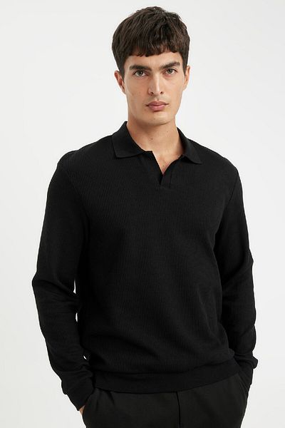 DeFacto Black Regular Fit Polo Collar Jacquard Knitwear Sweatshirt A9785Ax24Au