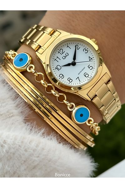 Q&Q Brand Steel Band, Women's Wrist Watch + Bracelet with Yellow Color Numerals