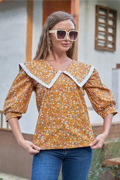 KÜÇÜĞÜM BUTİK Bluză cu mânecă cu balon cu guler floral muștar