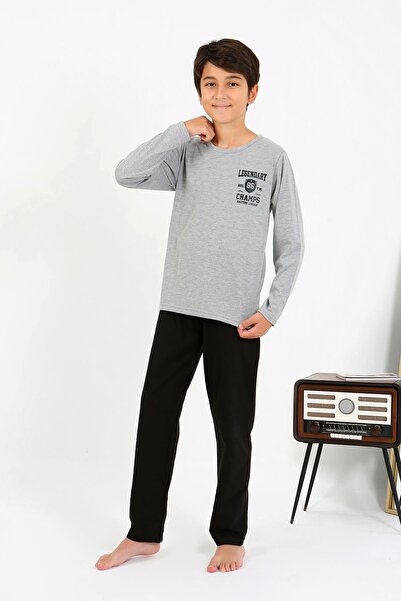 Akbeniz Boy's Long Sleeve Combed Cotton Pajama Suit 20437 Gray