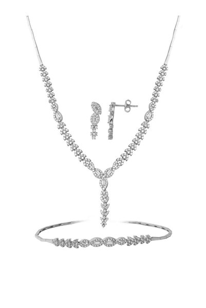 Bilezikci Sarmaşık Baget Taşlı Beyaz Altın Set