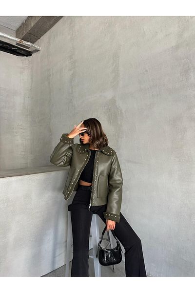 TOPSHOW Khaki Leather Zippered Stone Coat