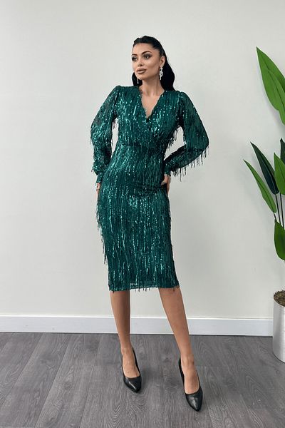 giyimmasalı Rochie creion din țesătură cu paiete cu franjuri - VERDE EMERAL