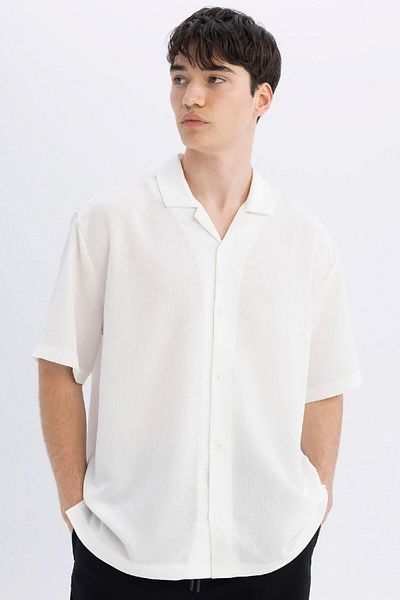 DeFacto Relax Fit nyári póló nyakú ráncos szövet rövid ujjú ing C7398ax24sm