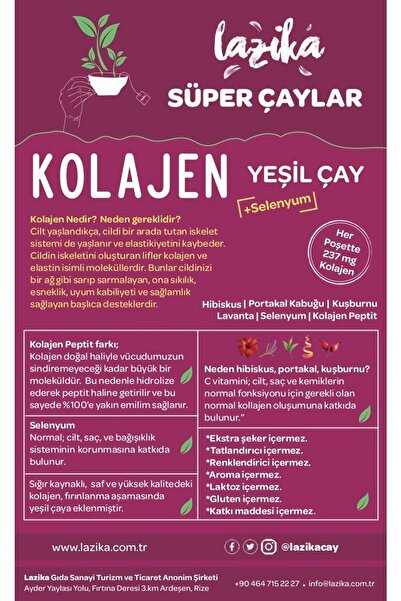 LAZİKA Süper Çay Seti ( Prebiyotik, Peptid Kolajen Yeşil Çay) Sindirim, Cilt Ve Eklem Sağlığını Destekler