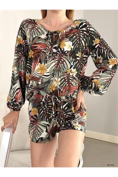 Deafox Multicolored Leaf Patterned Viscose Fabric Shorts Set