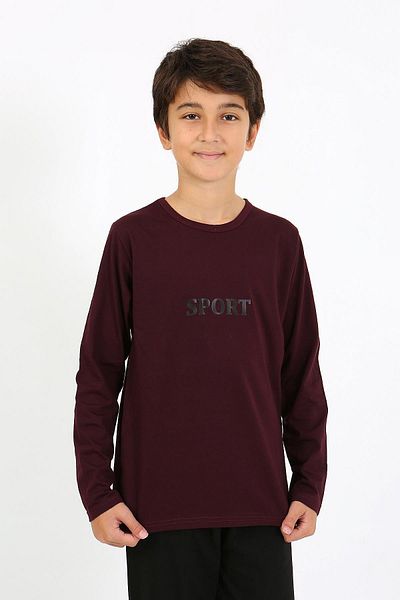 Akbeniz Costum de pijama din bumbac pieptănat cu mânecă lungă pentru băiat 20437 Roșu Claret