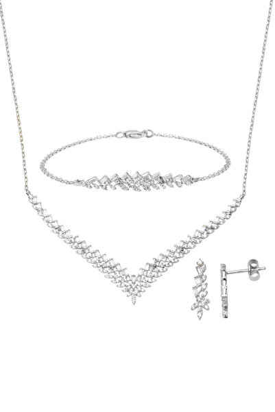 Bilezikci Liya Baget Taşlı 14 Ayar Beyaz Altın Nişan Seti