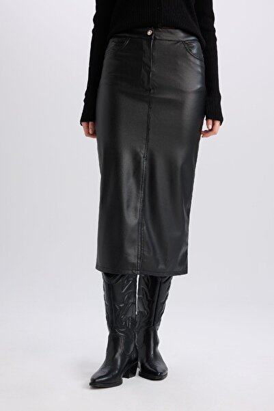 DeFacto Faux Leather Slit Midi Skirt B2862ax23wn