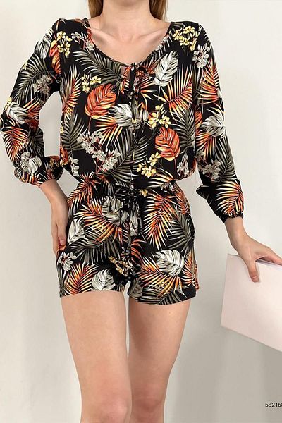Deafox Black Viscose Fabric Leaf Patterned Shorts Set