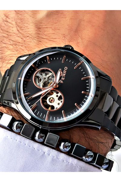 FERRO Black Color Automatic Business Mechanical Steel Band Men's Wrist Watch+Bracelet