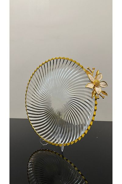USD HOME Gilded Large Size Serving Presentation Cake Plate with Daisy Accessories 31 cm