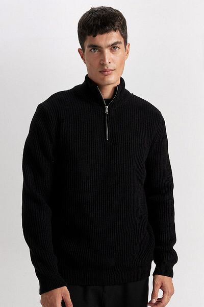 DeFacto Standard Fit Normal Cut Stand Collar Zippered Basic Plain Knitwear Sweater B0578Ax24Wn