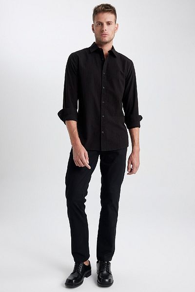 DeFacto Βαμβακερό πουκάμισο Polo Neck Slim Fit - Μακρυμάνικο, Basic Model A5303ax23au