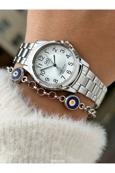 Q&Q Brand Steel Band, Silver Color Numerals Women's Wrist Watch + Bracelet