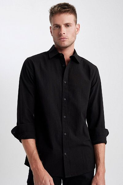 DeFacto Βαμβακερό πουκάμισο Polo Neck Slim Fit - Μακρυμάνικο, Basic Model A5303ax23au