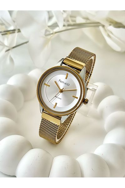 Ferrucci Ferrucci̇-(Gold Color) Women's Mesh Cord Wrist Watch