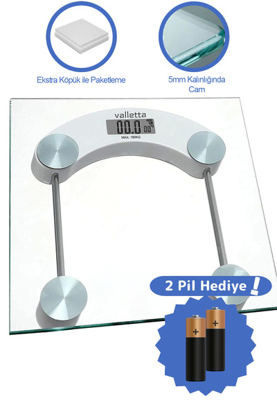 valletta Damascus Pil Hediyeli Dijital Cam Baskül Tartı 180 Kg Lcd Ekranlı Beyaz