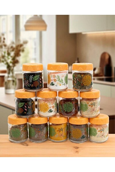 Herevin طقم توابل زجاجي نباتي 12 قطعة 200 سم مكعب - طقم توابل - حاوية تخزين - خوخ