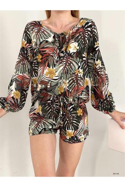 Deafox Multicolored Leaf Patterned Viscose Fabric Shorts Set