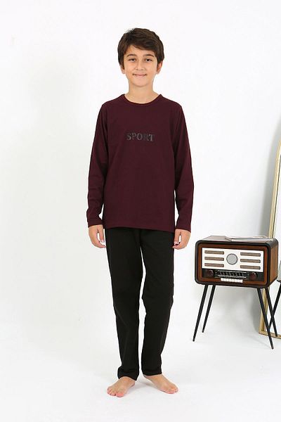 Akbeniz Costum de pijama din bumbac pieptănat cu mânecă lungă pentru băiat 20437 Roșu Claret