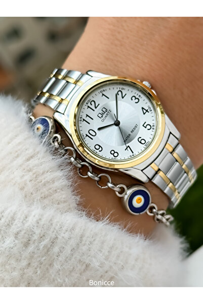 Q&Q Brand Steel Band, Silver Yellow Color Numerals Women's Wrist Watch + Bracelet