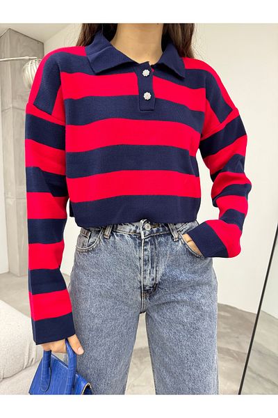BİKELİFE Gestreifter Baumwollstrickpullover mit Polokragen