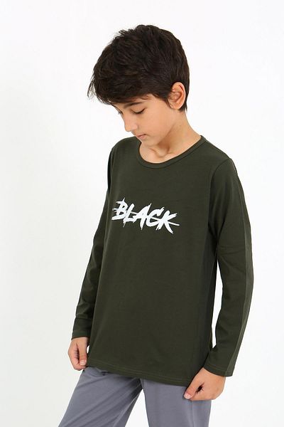 Akbeniz Boy's Khaki μακρυμάνικο χτενισμένο βαμβακερό σετ πιτζάμες - 20437