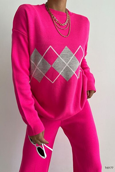 Deafox Pink Diamond Patterned Knitwear Top and Bottom Set