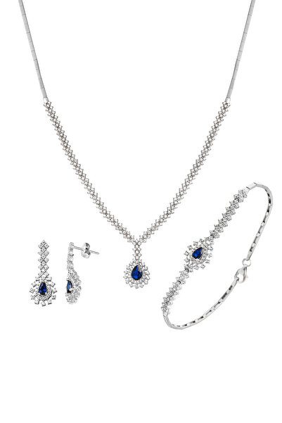 Bilezikci 14 Ayar Mavi Taşlı Beyaz Altın Set