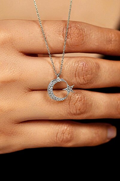 Erdobia Zirkon Taşlı Rodyum Ay Yıldız Bayrak Gümüş Kolye