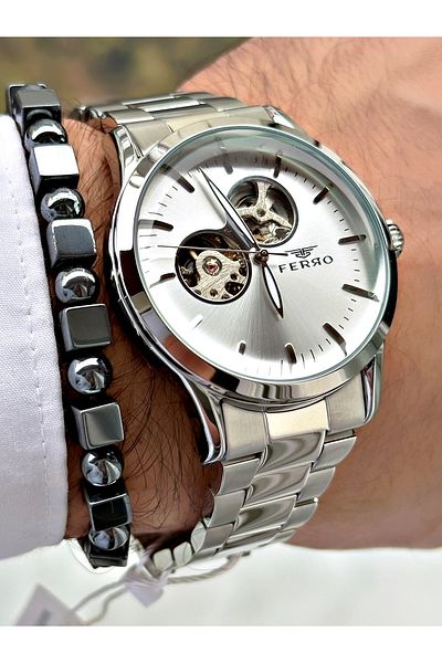 FERRO Silver Color Automatic Business Mechanical Steel Band Men's Wrist Watch+Bracelet