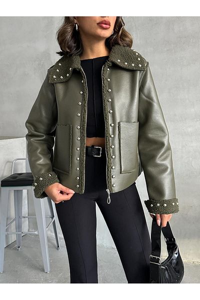 TOPSHOW Khaki Leather Zippered Stone Coat