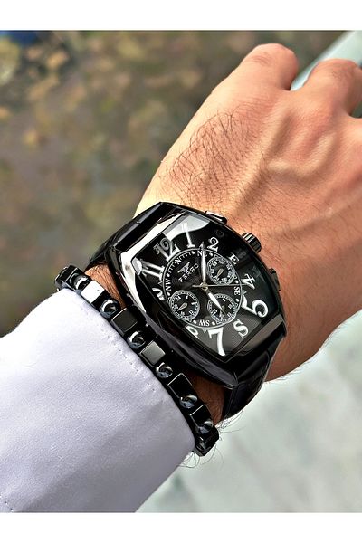 FERRO Black Color Bombe Glass Leather Cord Square Large Case Men Wrist Watch+Bracelet
