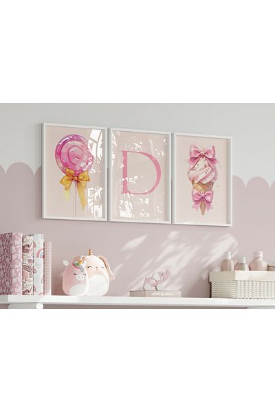 Home Set de 3 picturi personalizate cu nume roz pudra, litere de bomboane, decor camera copiilor si bebelusilor, pictura