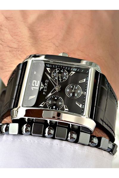 FERRO Black Color Leather Cord Square Large Case Men's Wrist Watch+Bracelet