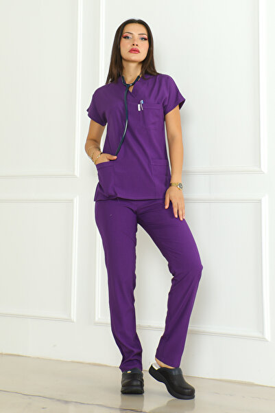 Scrubs Mor Likralı Doktor/ Hemşire Forması Alt Üst Takım Cerrahi Forma (Kadın)