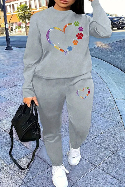 Wish BF kalp Baskılı Alt Üst Eşofman Takımı Oversize Kapüşonlu