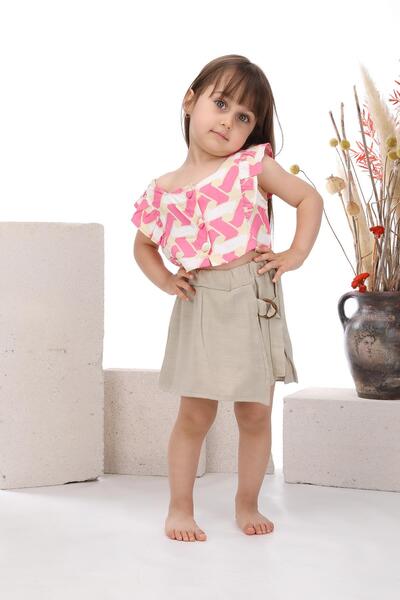 ÖZSEMODA Beige Shorts Skirt Stripe Patterned Pink Blouse