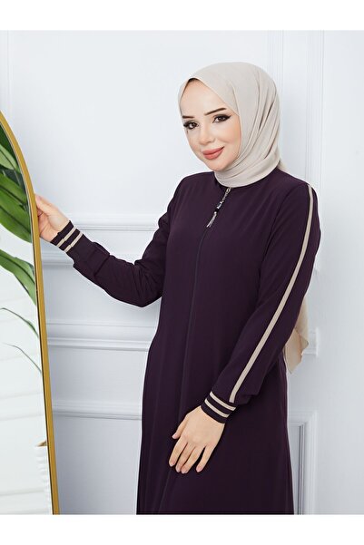 MODA ESRE FASHION TESETTÜR GİYİM MEDİNE İPEĞİ FERACE KREM RENGİ ŞERİTLİ KOL RİBANALI