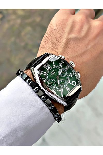 FERRO Black Color Bombe Glass Leather Cord Square Large Case Men Wrist Watch+Bracelet