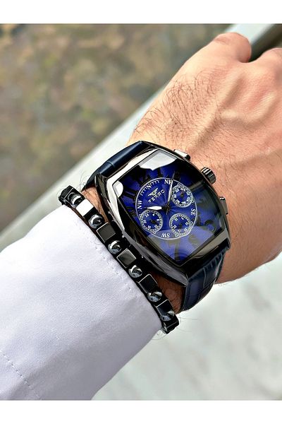 FERRO Navy Blue Color Bombe Glass Leather Cord Square Large Case Men Wrist Watch+Bracelet
