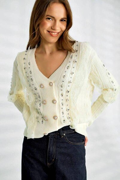 Robin 94675 Cardigan alb cu dantelă cu detalii cu pietre