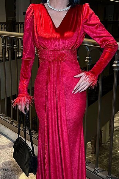 Mossta V-Neck Sleeve Openwork Stone Detailed Velvet Fish Model Long Evening Dress Red