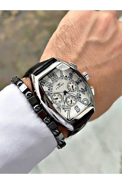 FERRO Black Color Bombe Glass Leather Cord Square Large Case Men Wrist Watch+Bracelet