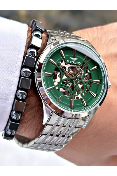 FERRO Gümüş Renk Business Çelik Kordon Otomatik Garantili Erkek Kol Saati + BİLEKLİK