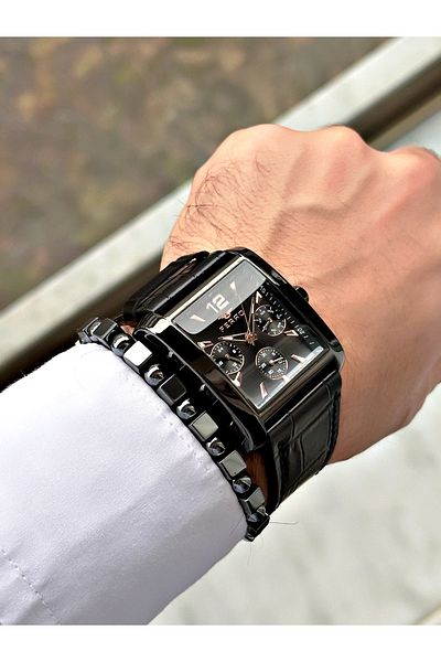 FERRO Black Color Leather Cord Square Large Case Men's Wrist Watch+Bracelet